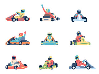 Kart racing. Extreme sport men in uniform and helmets driving open wheel cars. Speed racers in car, different rotations. Karting recent flat vector characters