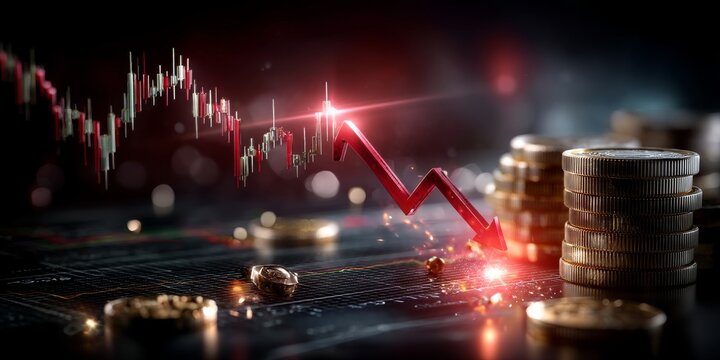 Stock market crash showing a red downward arrow and gold coins