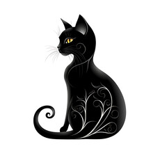 Minimalist digital art of a silhouette elegant black cat sitting gracefully in profile