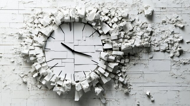 Time collapsing.  A clock face exploding into fragments on a white wall