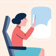 Passenger travel by plane. Girl takes pictures of sky on smartphone in aircraft porthole. Flight on holiday or home, airplane tourism, recent vector scene