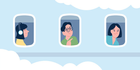 People looking out porthole. Passengers on plane board looking outside. Flight on vacations, travel to home. Tourists rest in aircraft, recent vector scene © LadadikArt