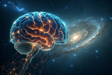 Fototapeta premium Digital brain illustration blending neural activity with outer space elements like galaxies and starfields