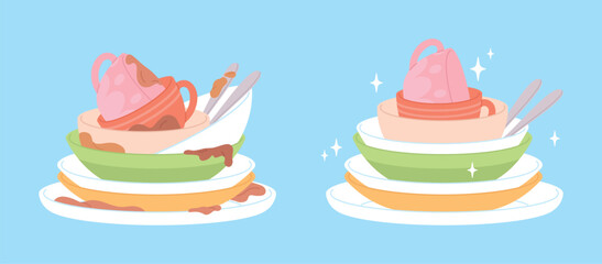 Clean dirty dishes. Piles of kitchenware, messy plates cups and bowls and washing with detergent or in dishwasher. Cleaning crockery, racy vector elements