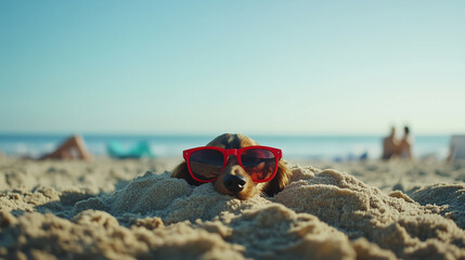 Obraz premium Adorable black and tan dachshund in red sunglasses relaxing on sandy beach during summer vacation with ocean background