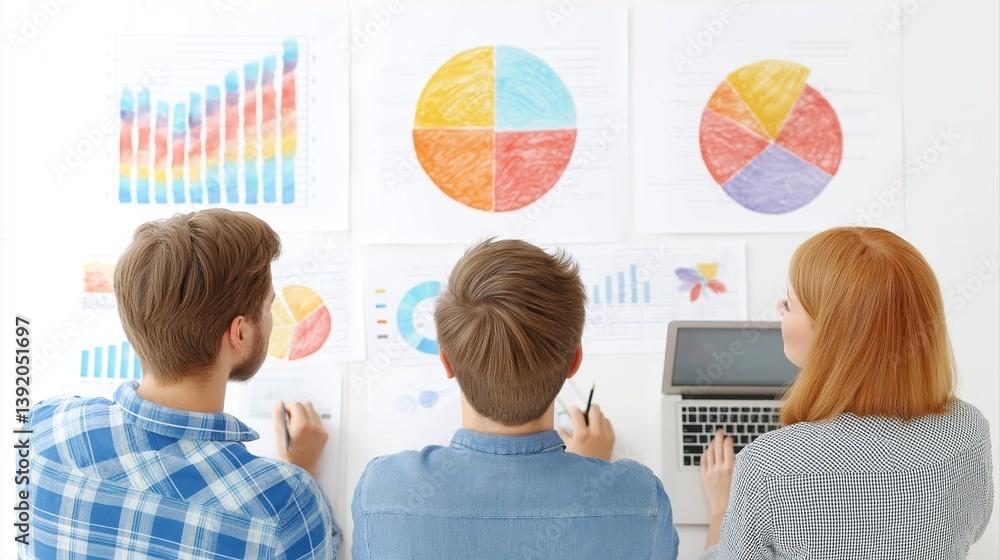 Poster collaborative workspace with people analyzing charts and graphs on wall in modern office environment