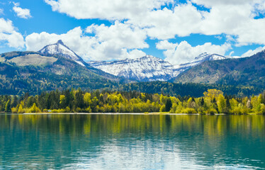 Beautiful landscape of snow mountain and grassland scenery in St. Wolfgang, Salzburg,  Austria, shot in early May