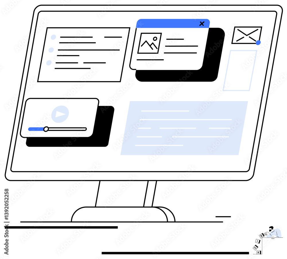 Poster desktop screen featuring media player, email icon, text window, and image popup. ideal for digital w