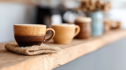 Fototapeta premium Handmade ceramic cups arranged on a rustic wooden shelf with natural decor and soft lighting
