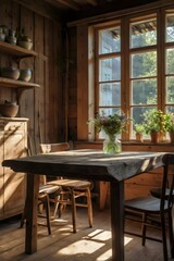 A wooden table with a vase of flowers on it in front of a window