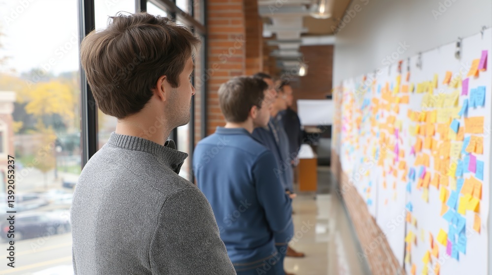Poster team collaborates on brainstorming session using sticky notes for idea generation and project planni