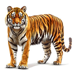 realistic tiger with vivid orange fur, black stripes and detailed facial features, powerful stance, soft shadowing, isolated on white background, wildlife clipart style