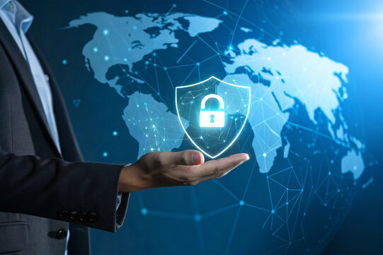 Hand holding digital padlock icon in front of world map representing global cybersecurity and data protection