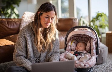 Mother Working on Laptop While Holding Baby Car Seat in Living Room