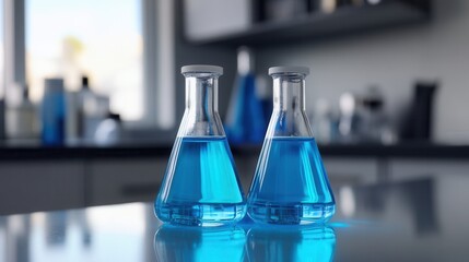 Two conical flasks filled with blue liquid on a lab table