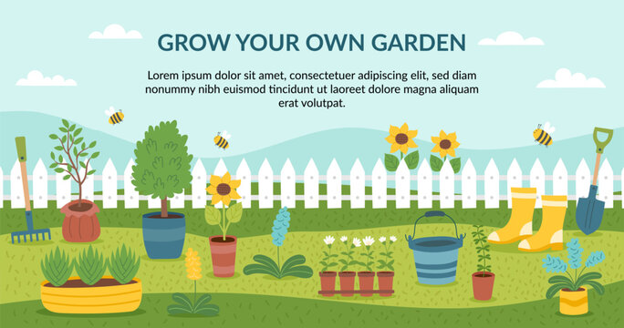 Spring and gardening concept banner. Green lawn with plants and garden equipment. Vector hand drawn background.