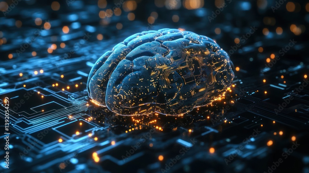 Poster human brain integrated with futuristic circuitry illustrating artificial intelligence and advanced t