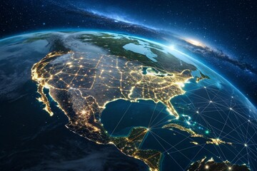 Nighttime satellite view of United States with glowing city lights showing population and urban infrastructure