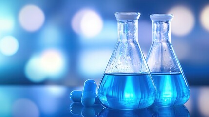 Two science flasks filled with blue liquid, next to pills, on a reflective surface, with a blurred laboratory background