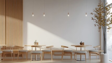 Modern cafe interior, empty tables, natural light, minimalist design, background, stock photo
