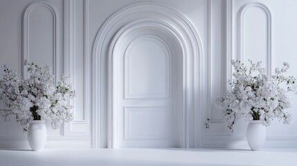 Elegant white room with archway and flowers; interior design, product display