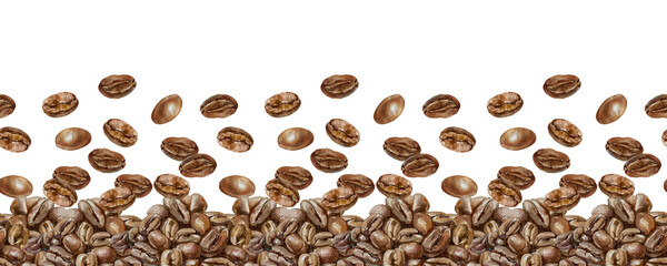 Coffee roasted beans seamless border. Hand drawn watercolor illustration isolated on white. For cards, labels, menu design, invitations, covers, wallpapers, banners.