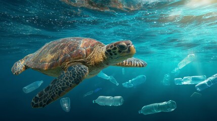 Obraz premium Sea Turtle Swimming Through Polluted Ocean Water with Plastic Bottles