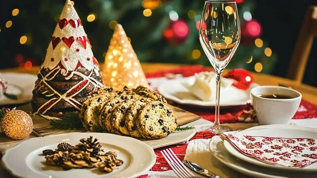 Festive Christmas table setting with cookies, dessert, and bokeh lights
