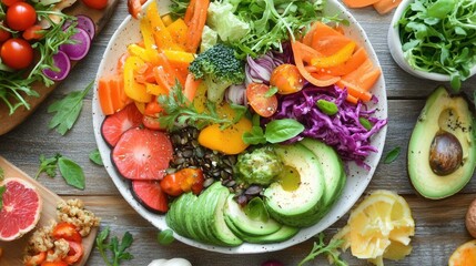 Vibrant colorful vegetable and fruit bowl.  A medley of fresh ingredients