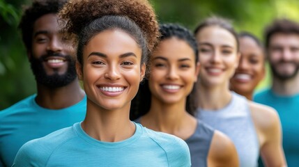 Joyful Group of Multiracial Friends Running in Park - Fitness, Diversity, Friendship, Outdoors.