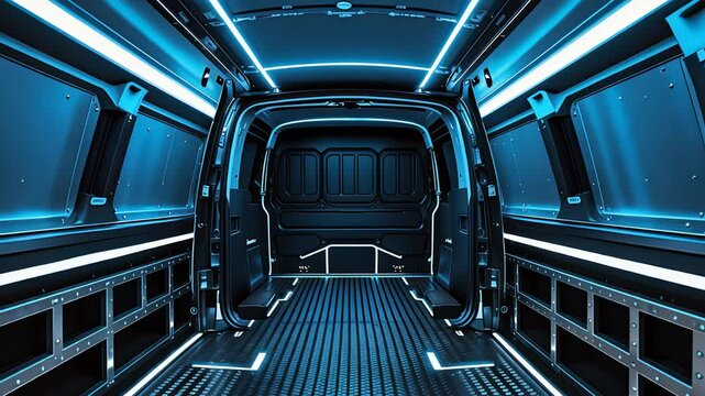 Futuristic empty van interior with illuminated LED lighting, sleek design, and spacious cargo area ready for modifications or customization.

