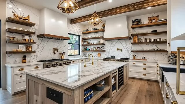 Modern kitchen interior featuring marble countertops and wooden accents, with shelves displaying kitchenware