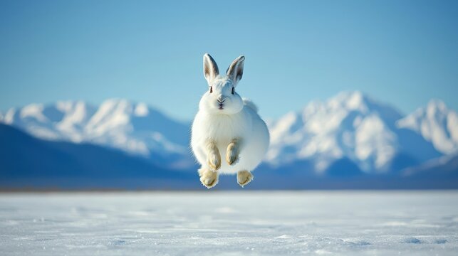 White Rabbit Leaping Against Snowy Mountains and Blue Sky Background