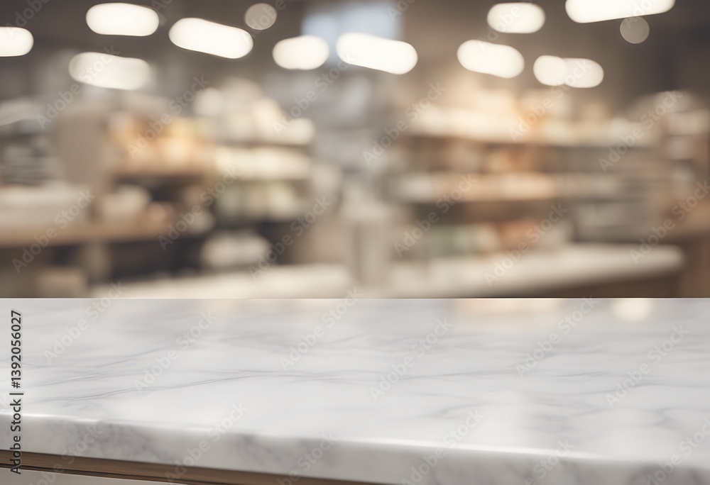 Poster shelf table display desk bokeh top perspective food template counter product store light over blur w