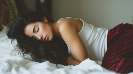 Naklejka premium Woman with long black hair sleeping peacefully on white bedding, wearing white tank top and burgundy pants, conveying serenity and rest