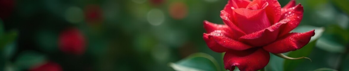 Crimson rose, rain-kissed petals gleam, garden backdrop, garden, dewy