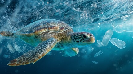 Fototapeta premium Sea Turtle Swimming Amidst Plastic Waste in Ocean Pollution Concept