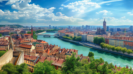Fototapeta premium Aerial view of the city at sunset, Panorama view of prague, Aerial view of the city, Aerial Panoramic view of lyon france city scape in summer 