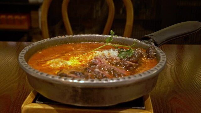 Pot Of Beef Steak Shakshuka Dish Served On The Table In The Middle Eastern Restaurant. - closeup shot
