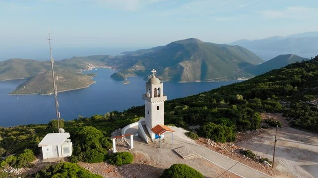 Slow panning drone shot of Panagia Kathariotissa Monastery in Ithaca island, Greece