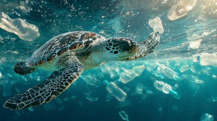 Fototapeta premium Sea Turtle Swimming Amongst Plastic Pollution Crisis in Ocean Water