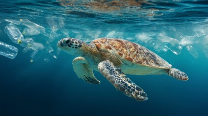 Obraz premium Sea Turtle Swimming Through Plastic Waste Polluting Ocean Environment