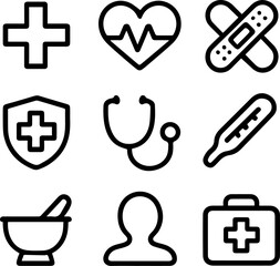 Set of 9 minimalist black and white medical icons on transparent background