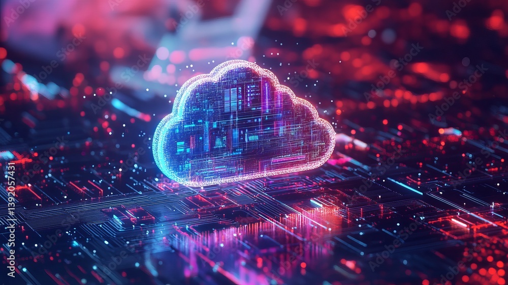 Poster glowing cloud symbol on a circuit board with red and blue lights and small glowing particles around 