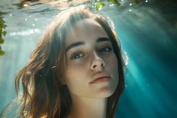 A woman free diving in an underwater cave, with rays of light filtering through the water's surface.
