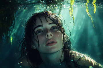 A woman free diving in an underwater cave, with rays of light filtering through the water's surface.