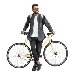 Young handsome man with bike isolated transparent PNG, Full length portrait of smiling student man with bicycle, Modern healthy lifestyle, travel, casual business concept