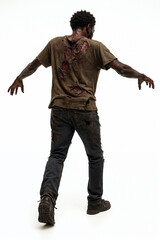 Naklejka premium Rear back view of a Black African American Male zombie in a attack action pose reaching out. Isolated white studio background.