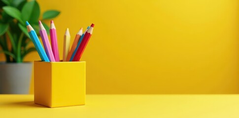 Fototapeta premium Tiny colorful organizer on yellow, cheerful scene , tidy, office supplies