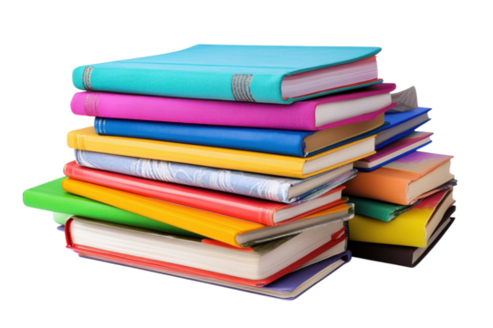 Colorful stack of books notebooks and journals vibrant diverse collection for reading study or isolated on transparent background - Powered by Adobe